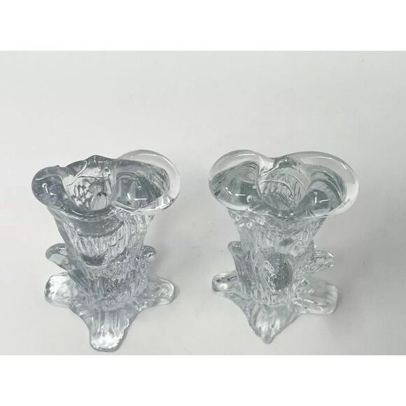 Swedish Art Glass Tree Stump Candle Sticks Holders Clear MCM Vintage 5" Set Of 2 - Picture 3 of 5